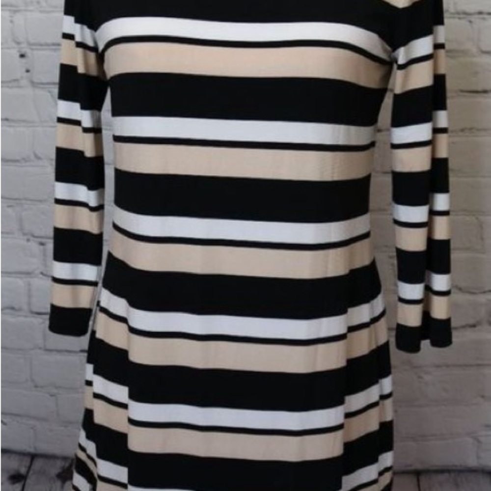 White House Black Market Striped Black and Cream Dress with pleats